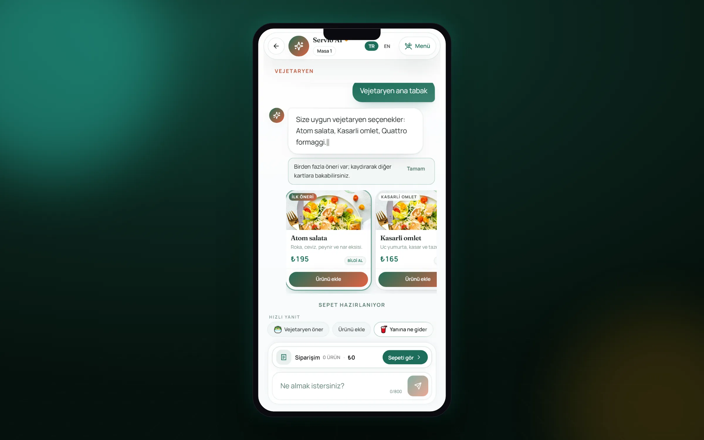 AI garson sohbeti — “vejetaryen” isteğine uygun seçenekler (salata, omlet, pizza)