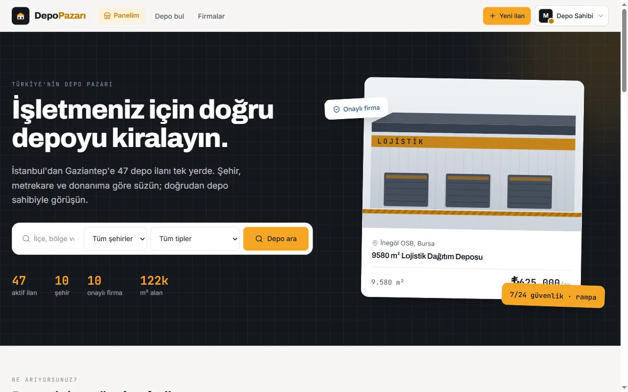 Anasayfa: şehir/metrekare/donanıma göre depo arama ve öne çıkan ilan