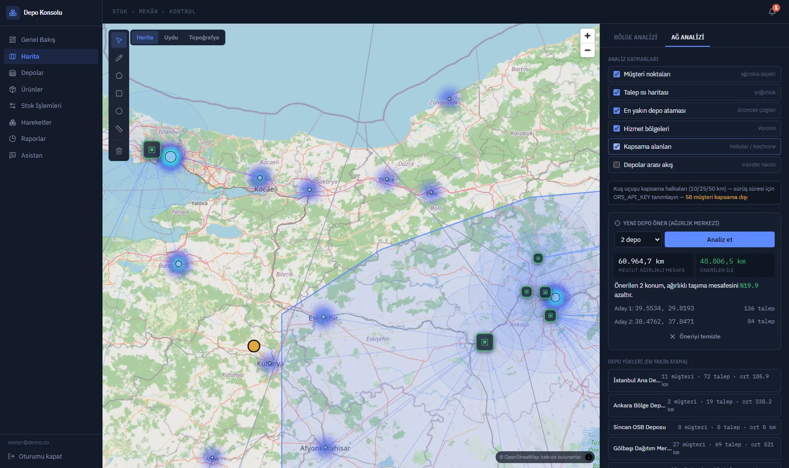 Voronoi hizmet bölgeleri ve 10/25/50 km kapsama halkaları